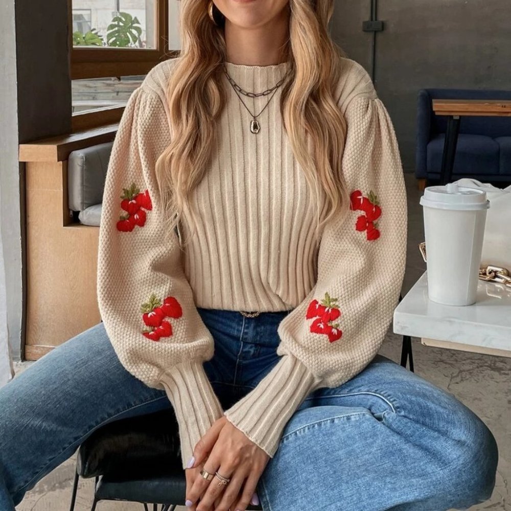 Strawberry Ribbed Knit Sweater Top Cozy Khaki - Picture 5 of 6